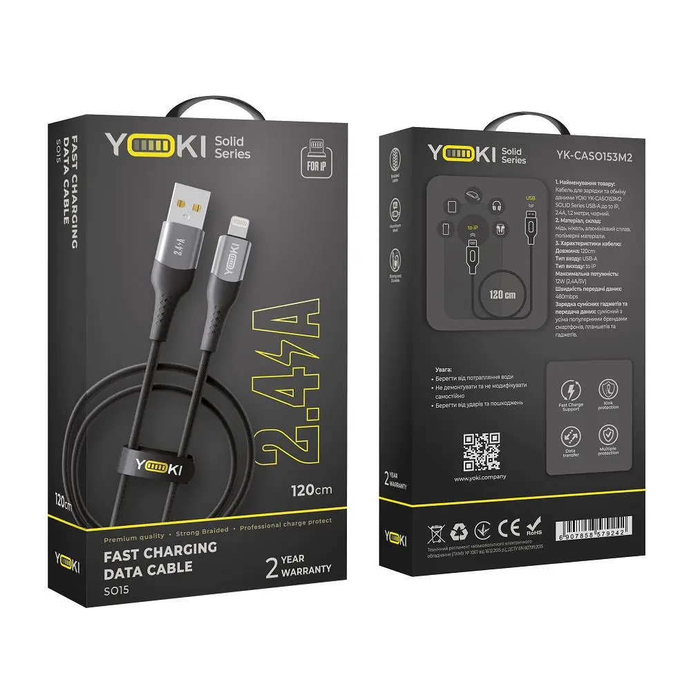 Кабель для заряджання та обміну даними Yoki YK-SO15 SOLID Series USB/Lightning 12W 2.4A/5V 1.2 м Чорний - фото 2