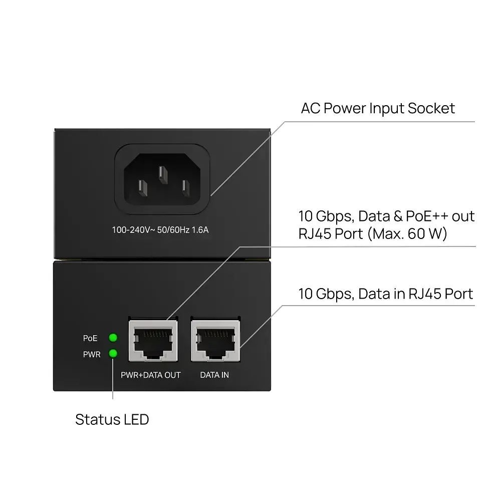 TP-Link Інжектор PoE TP-LINK TL-POE370S 1x10GE, 1x10GE PoE, 60W - фото 3