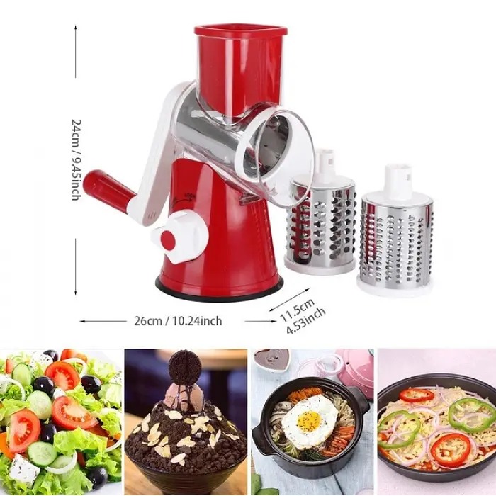 Овощерезка ручная мультислайсер Tabletop Drum Grater DL78 Терка для овощей и фруктов 3 насадки Красная - фото 2