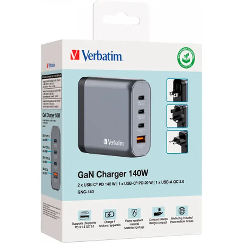 Зарядний пристрій Verbatim GaN 140 W 4 ports (2xUSB-C-140 W,USB-C 20 W /USB-A -3.0) (32203) - фото 6