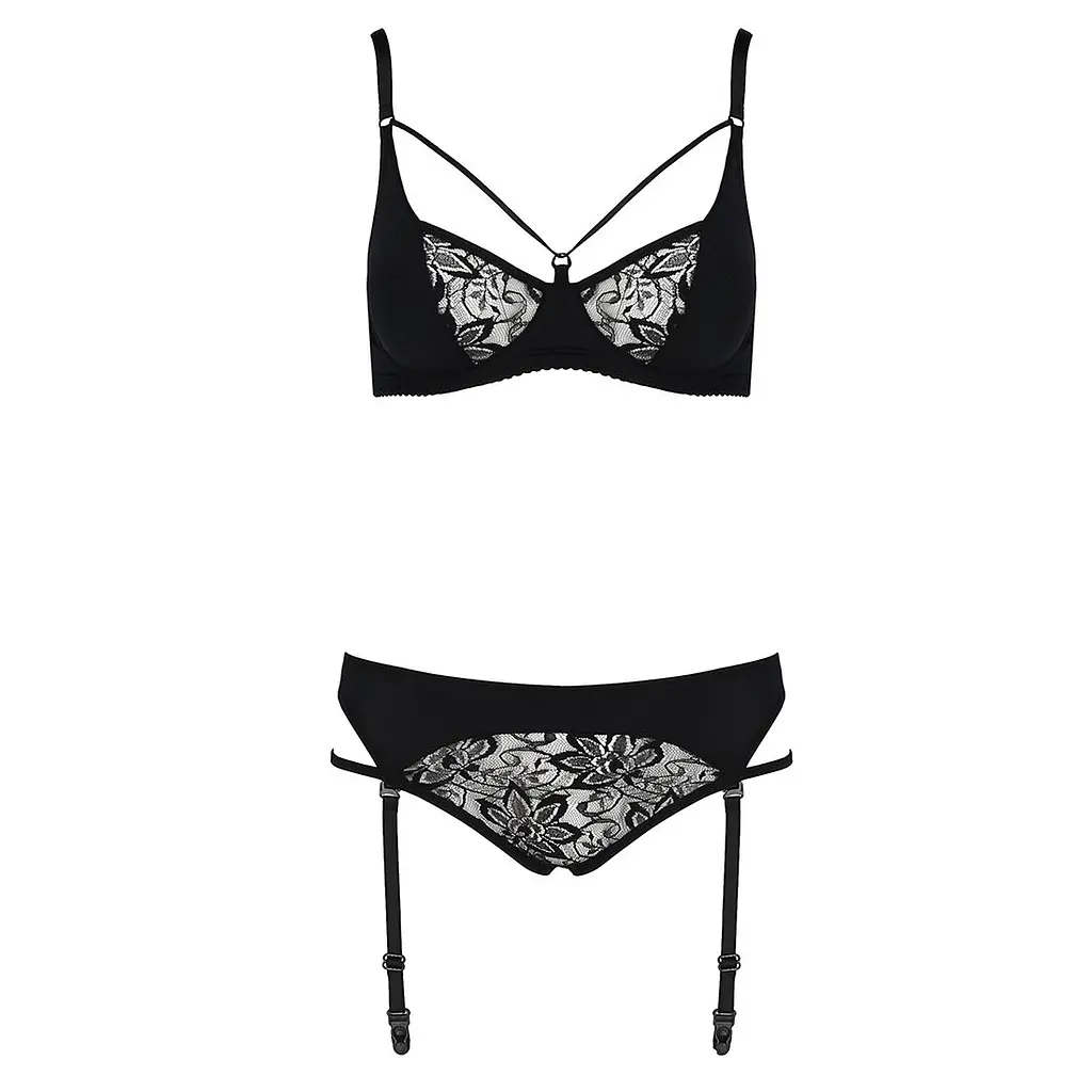 Комплект білизни Passion PAULINE SET XXL/XXXL, black, стрепи, ліф, стрінги і пояс для панчох - фото 5
