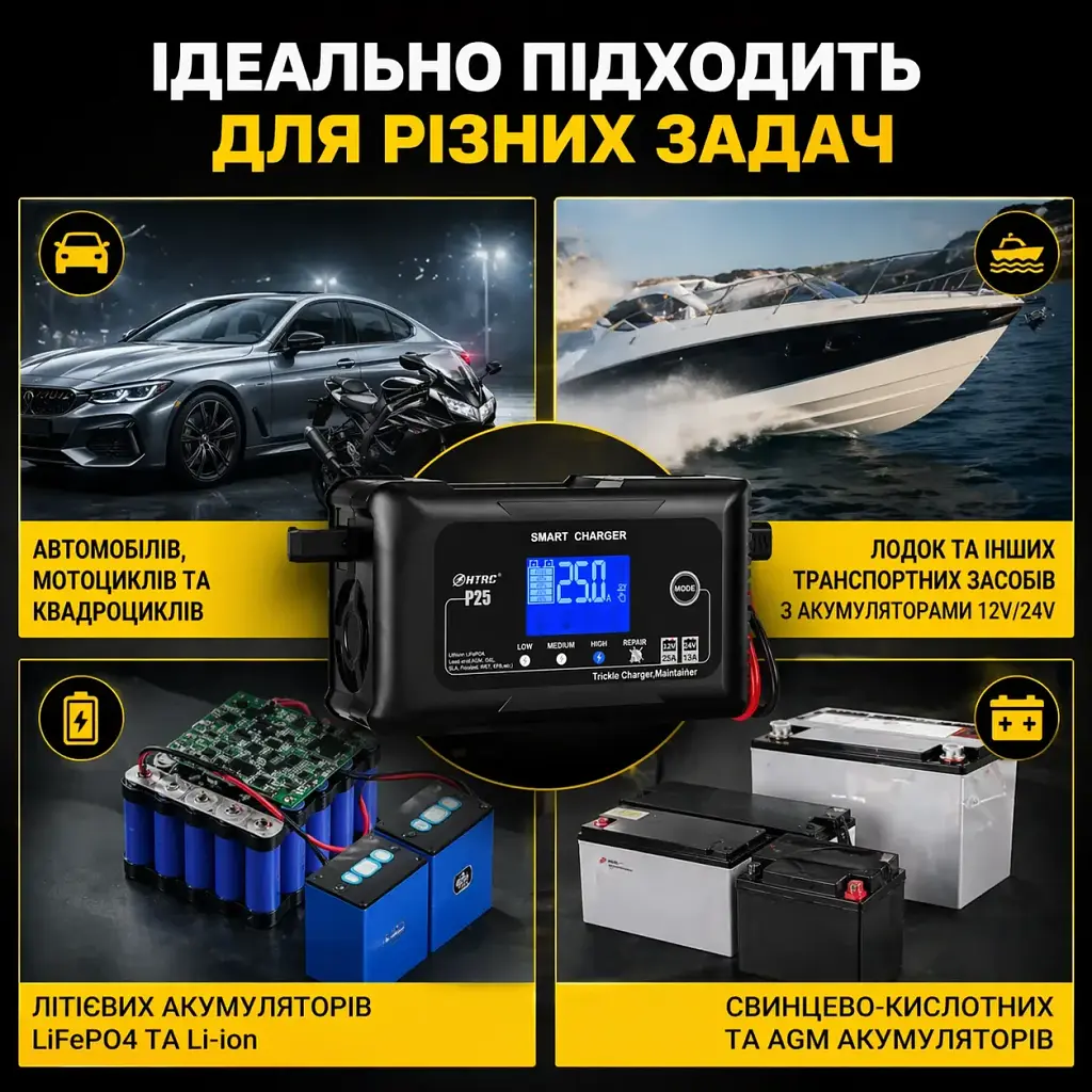 Автоматичний зарядний пристрій HTRC P25 Імпульсний, функція ремонту Repair, десульфатор 12V 25A-24V 13A LiFePO4, AGM, GEL, EFB, WET (19525) - фото 11