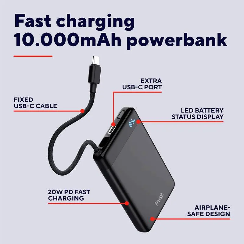 Trust Акумулятор портативний літій-іонний power bank Trust Fiera, 10000мА·рік, 2хUSB-C, 20W, PD/QC 3.0, чорний - фото 4