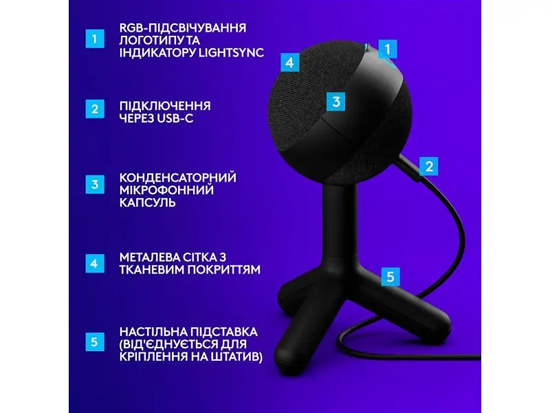 Мікрофон студійний/ для ПК Logitech G Yeti Orb RGB Black (988-000551) - фото 5
