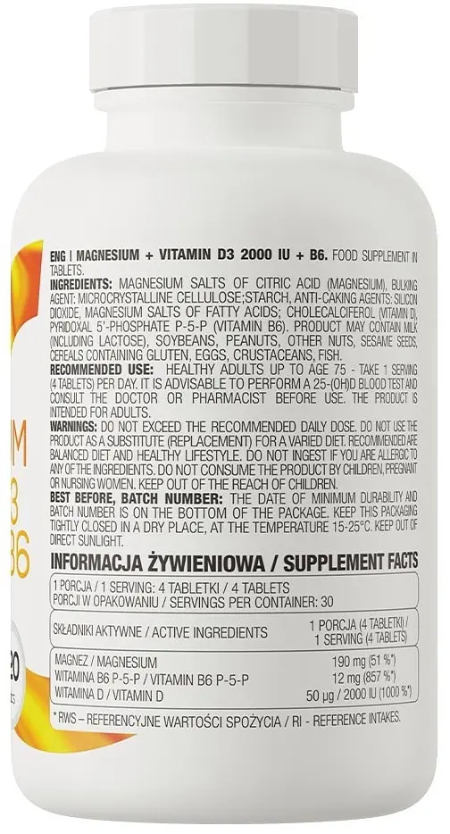 Витамины и минералы OstroVit Magnesium + Vitamin D3 2000 IU + B6 120 таблеток - фото 3