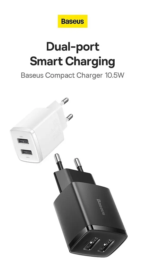 Мережевий зарядний пристрій Baseus Compact Charger 2U 10.5W Black (CCXJ010201) [74461] - фото 6