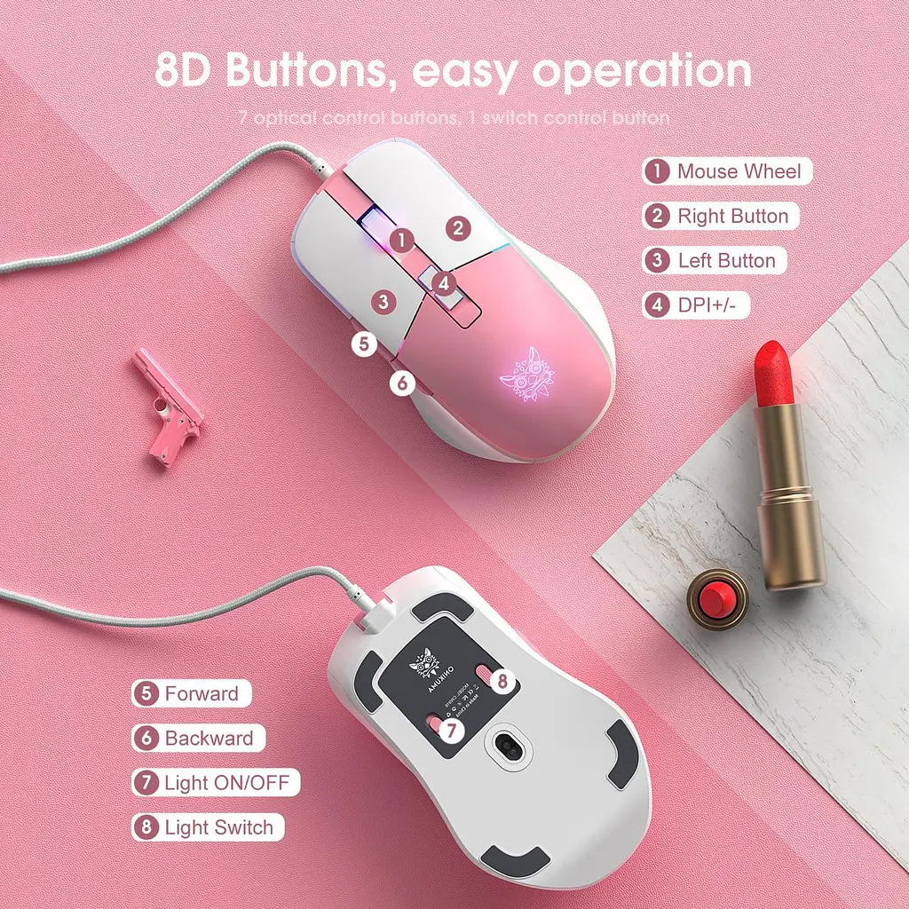 Комп'ютерна мишка Onikuma ігрова C16 з RGB підсвіткою 7200 DPI 8 кнопок дротова для ПК і ноутбука рожева - фото 5