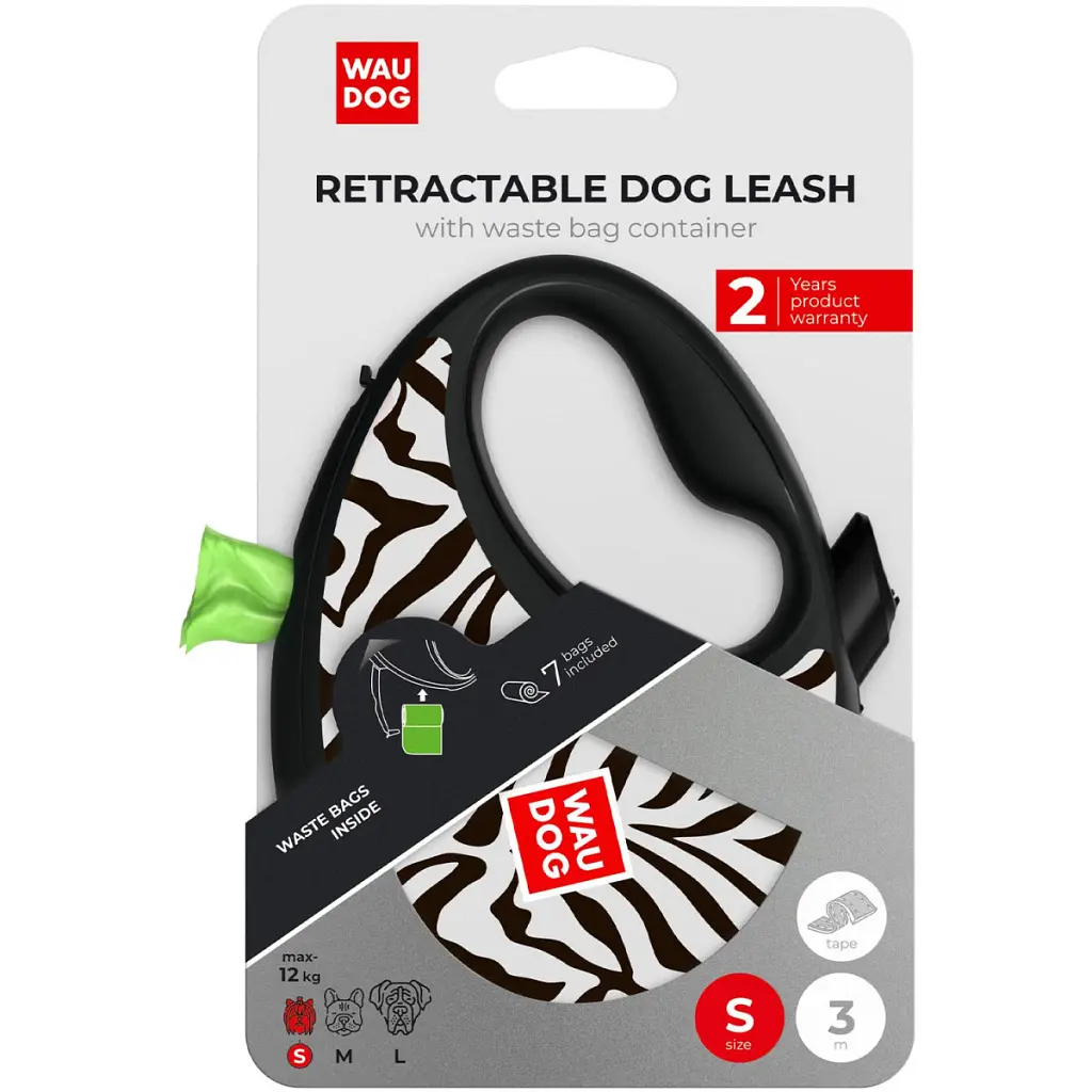 Повідець для собак WAUDOG R-leash з контейнером для пакетів "Зебра", світловідбивна стрічка S (255-0055) - фото 6