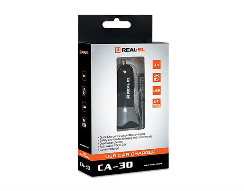 Автомобільний зарядний пристрій Real-el CA-30 QC3.0 (1USBx3A) Black/Grey - фото 7