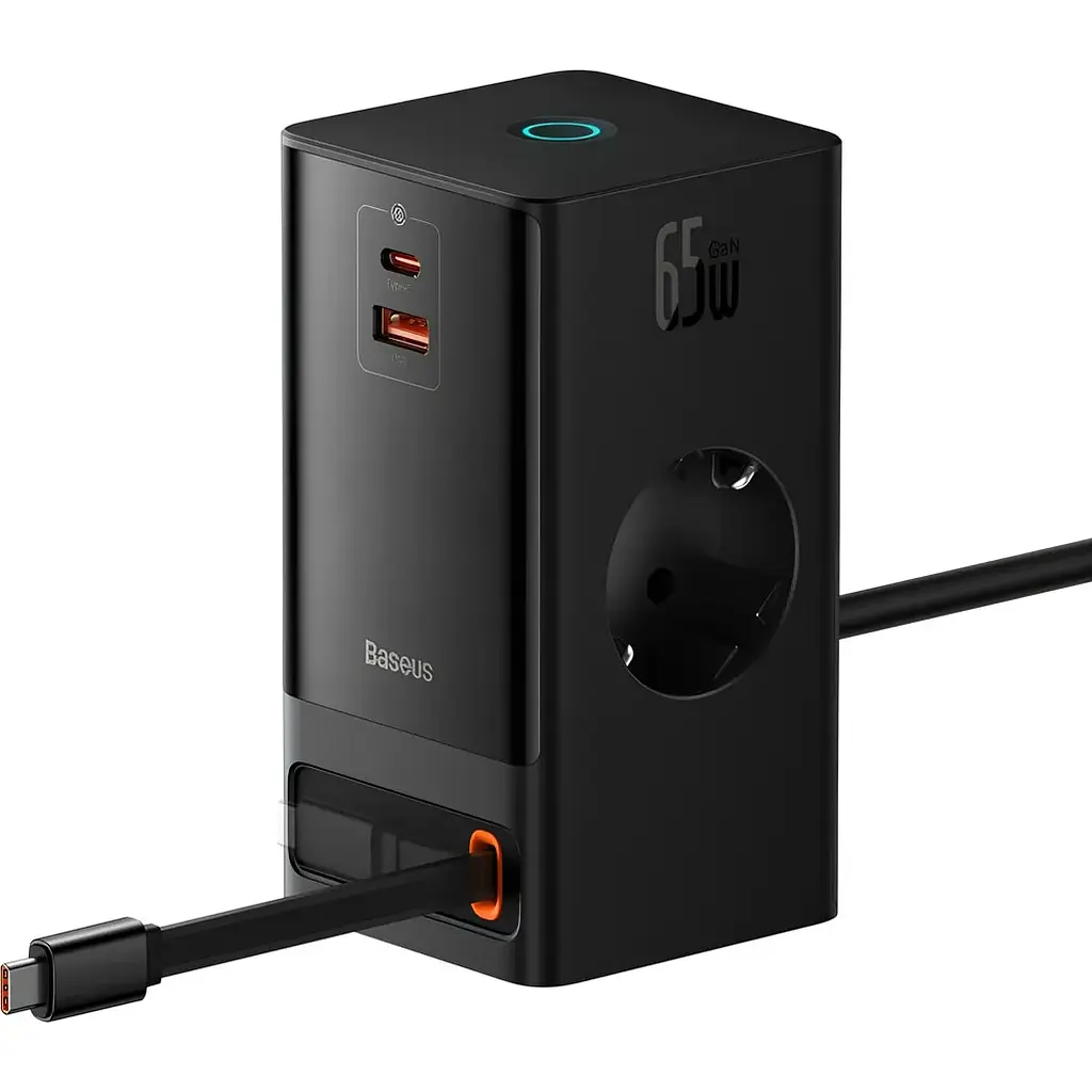 Мережевий зарядний пристрій Baseus PowerCombo Digital PowerStrip 2AC+1U+1C+Retractable-C 65W EU чорний - фото 2