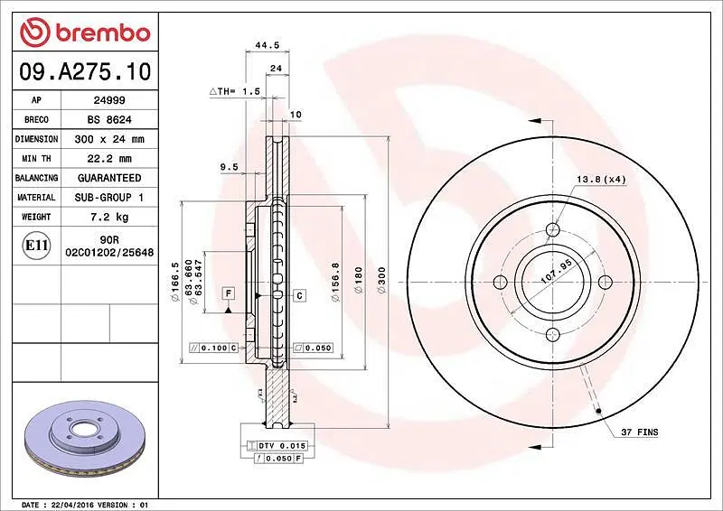 Диск гальмівний передній вентильований Ford Focus I 98-09р Brembo (09.A275.10) - фото 2