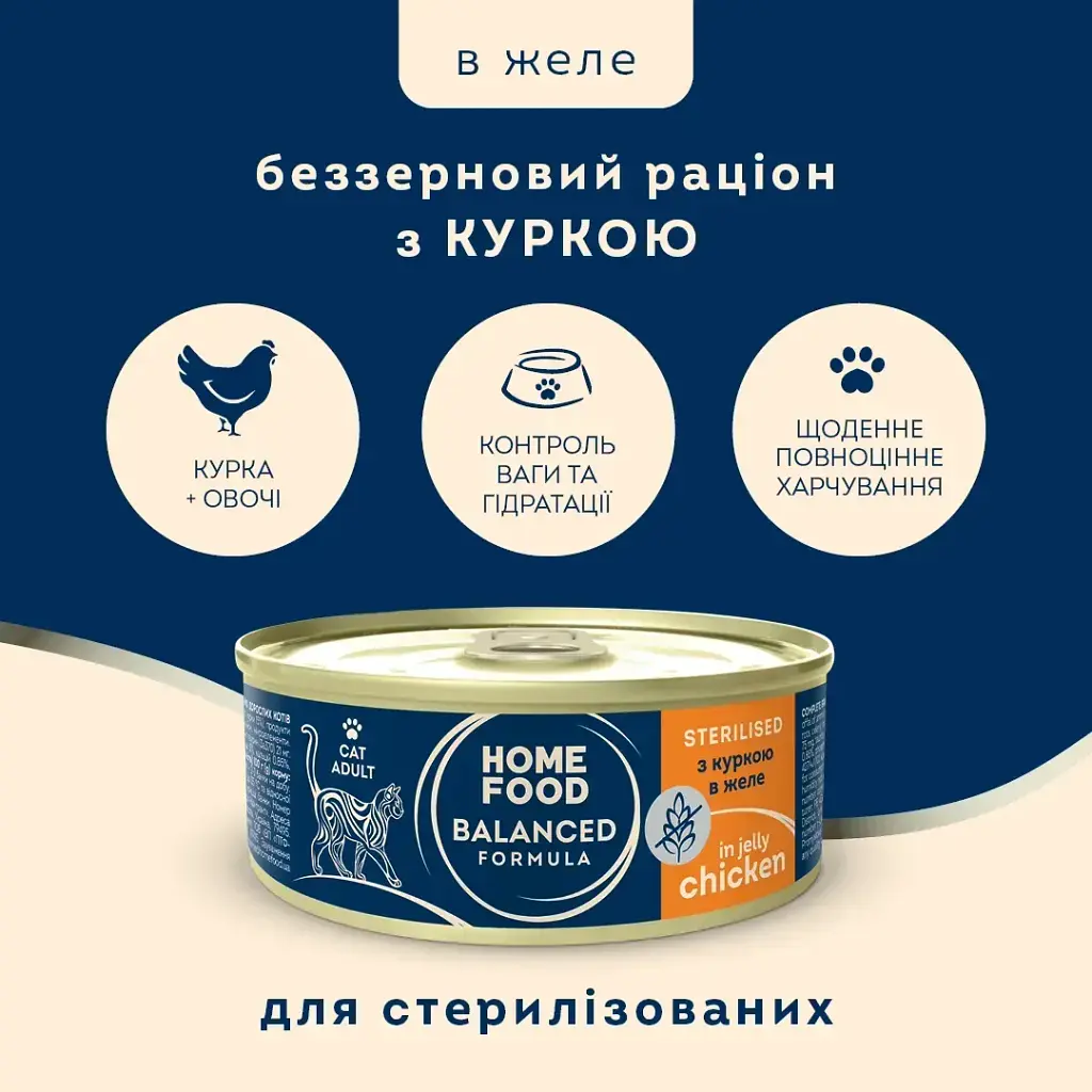 Повнораціонний беззерновий консервований корм HOME FOOD для стерилізованих/кастрованих дорослих котів з куркою в желе, 85 г - фото 2