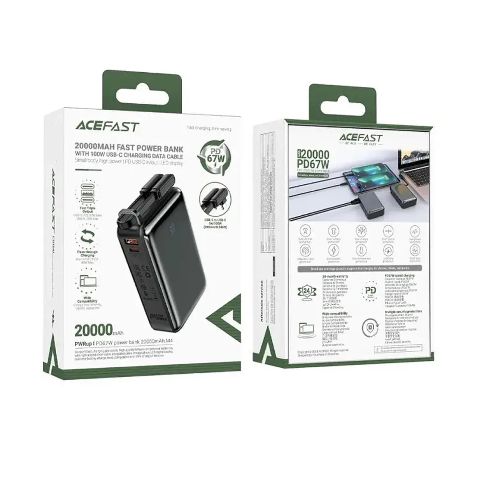 Батарея універсальна Acefast 20000mAh 22,5W PD, QC/3.0 USB-A+USB-C In/Out,build-in cable M14 Black (6974316283966) - фото 2