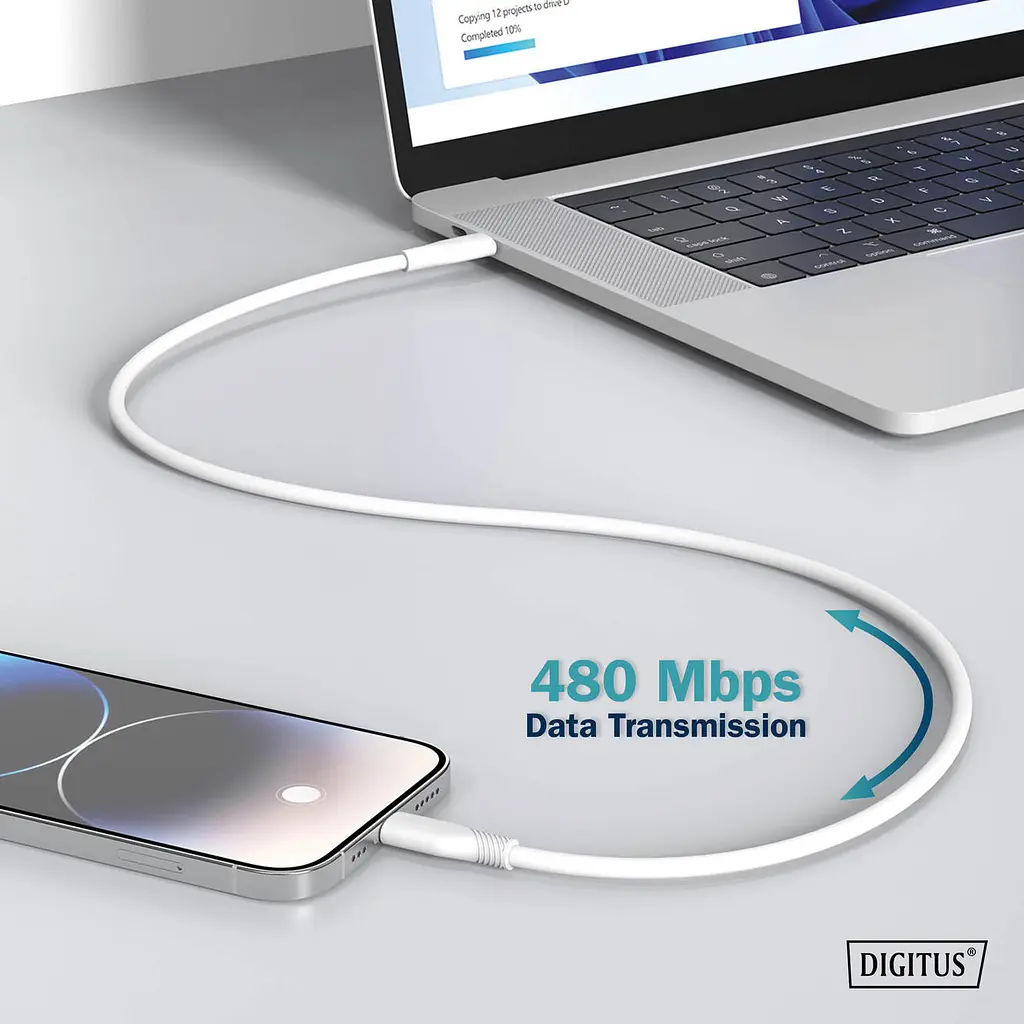 Кабель Digitus USB-C > Lightning зарядка/синхронизация, USB 2.0, 60W, силиконовый, 2м, белый teh0013690 - фото 6