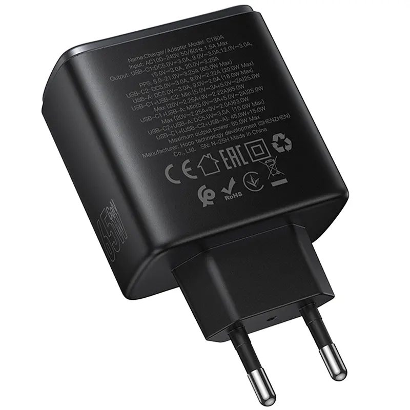 МЗП C160A Upgrade PD65W+QC3.0 (1USB-A/2C) Black Hoco teh0029637 - фото 3