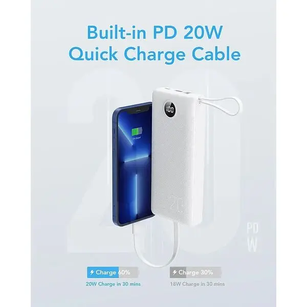 Портативное зарядное устройство Vrurc со встроенным кабелем USB C емкостью 20000 мАч - фото 3