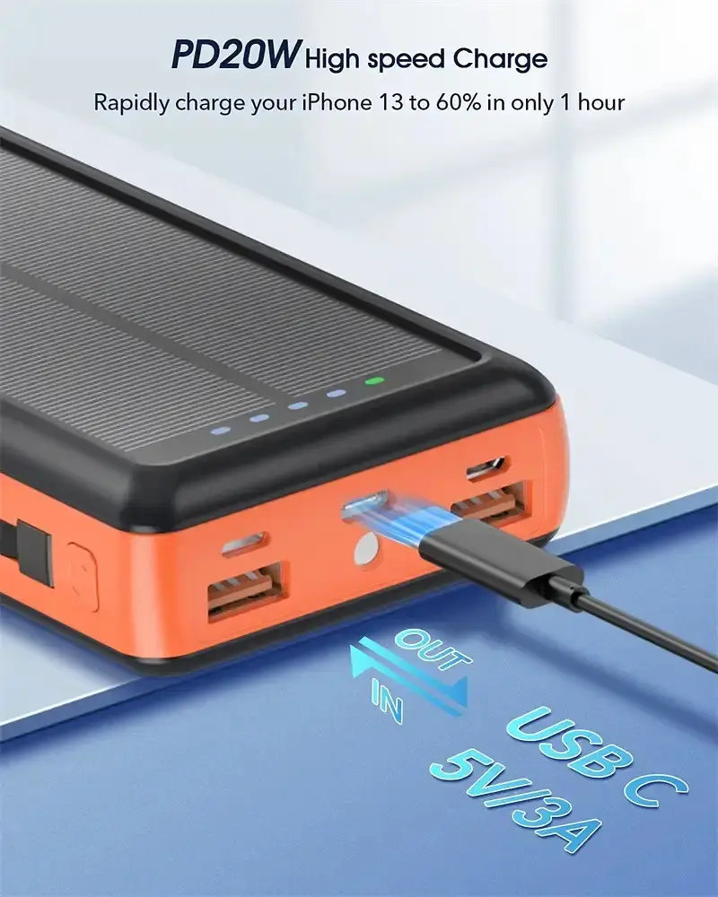 Зарядное устройство на солнечных батареях Powerbank 619S 20000mAh с фонариком и быстрой зарядкой - фото 5