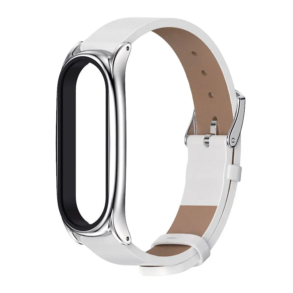 Шкіряний ремінець MiJobs для фітнес-браслета Xiaomi Mi Band 5 и 6 Type С білий, тримач - сріблястий - фото 2