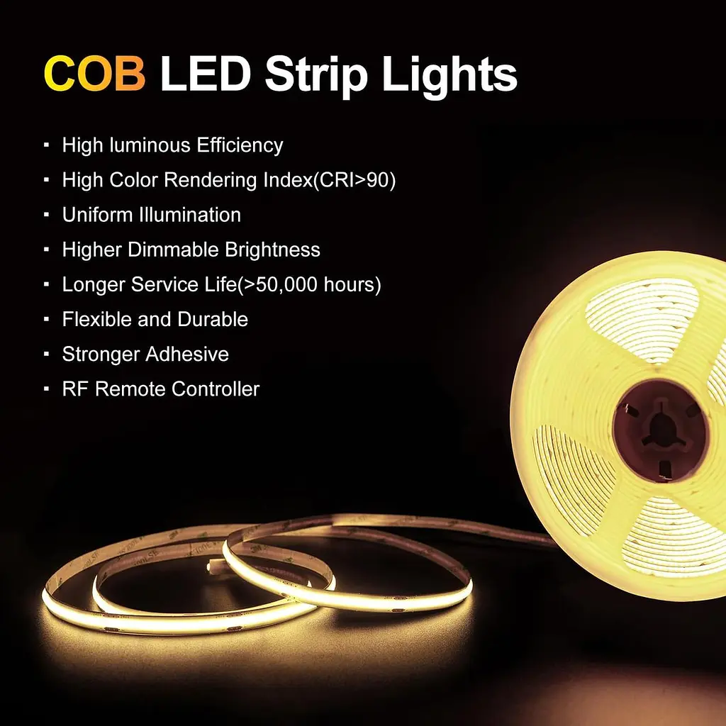 LED лента ROUKLE 8 мм COB LED Strip Light - 10M 24V Dimmable Super Bright Tape Lights CRI90+ с радиочастотным пультом - фото 4