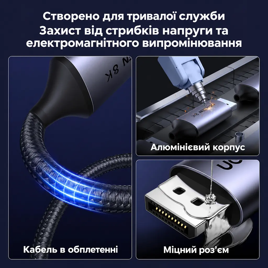 Відеокабель UGREEN CM556 USB-C - DisplayPort 1.4 8K 60 Гц 1 м сіро-чорний (25157) - фото 6
