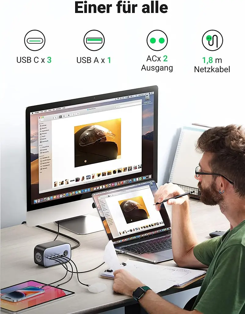 Зарядний пристрій UGREEN CD270 GaN DigiNest Pro 1xUSB-A+3xUSB-C 100W EU 1.8m (60167) - фото 4