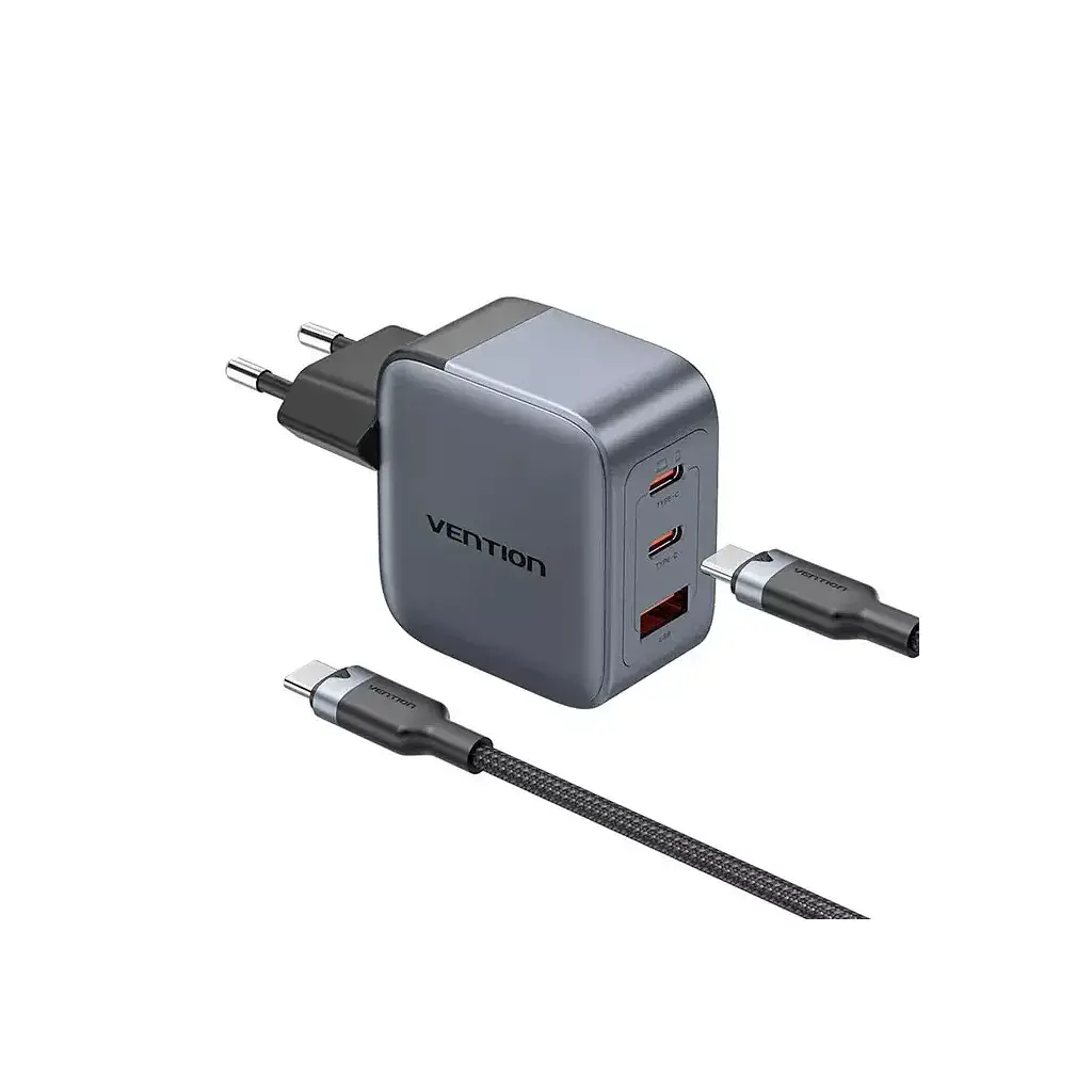 Зарядний пристрій Vention 2xUSB-C PD70W + 1xUSB QC3.0 22.5W GaN + cable USB-C to USB-C 1.0m black gray (TZ-FEXH0-EU) - фото 2