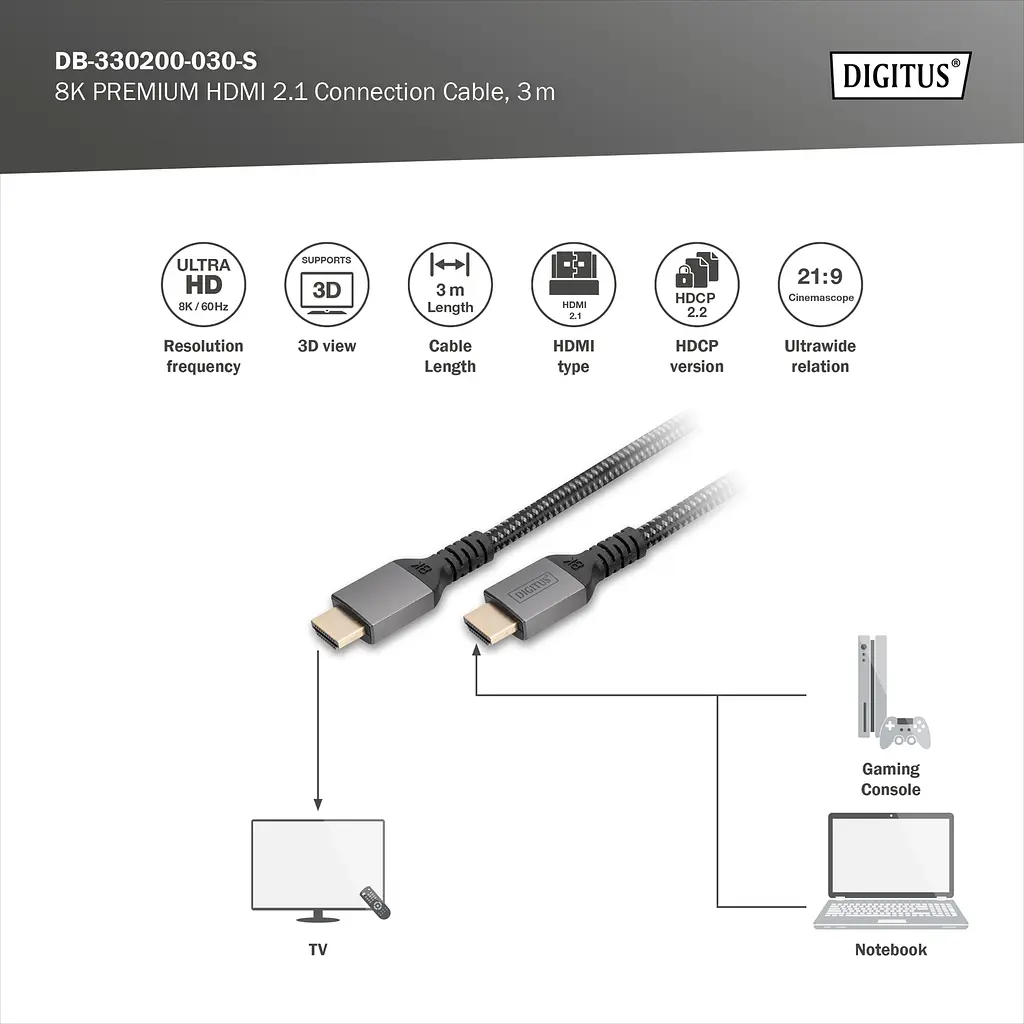 Кабель Digitus HDMI (M/M), 8K, Ultra High Speed/Ethernet, 3м, чорний - фото 4