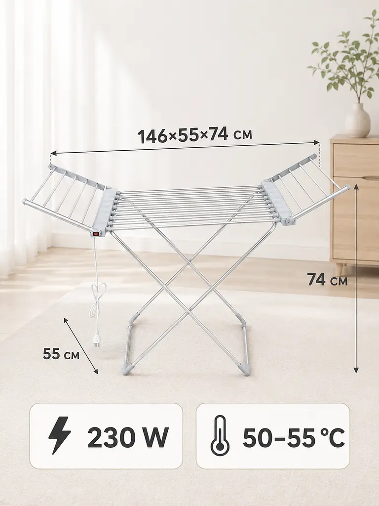 Електрична сушарка для білизни складана 18 прутів 146×55×74 см 230 W до 15 кг (49676054) - фото 2