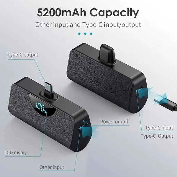 Портативний зарядний пристрій міні USB-C 5200 мАг ультракомпактний РК-екран резервний - фото 7