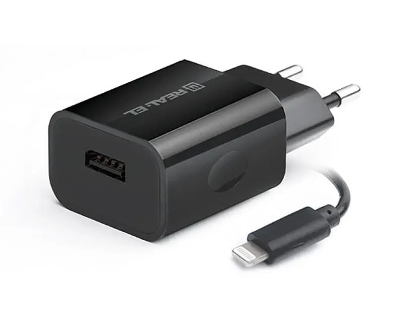 Зарядний пристрій Real-el CH-217 2USB 2.1A Black та кабель Lightning - фото 2