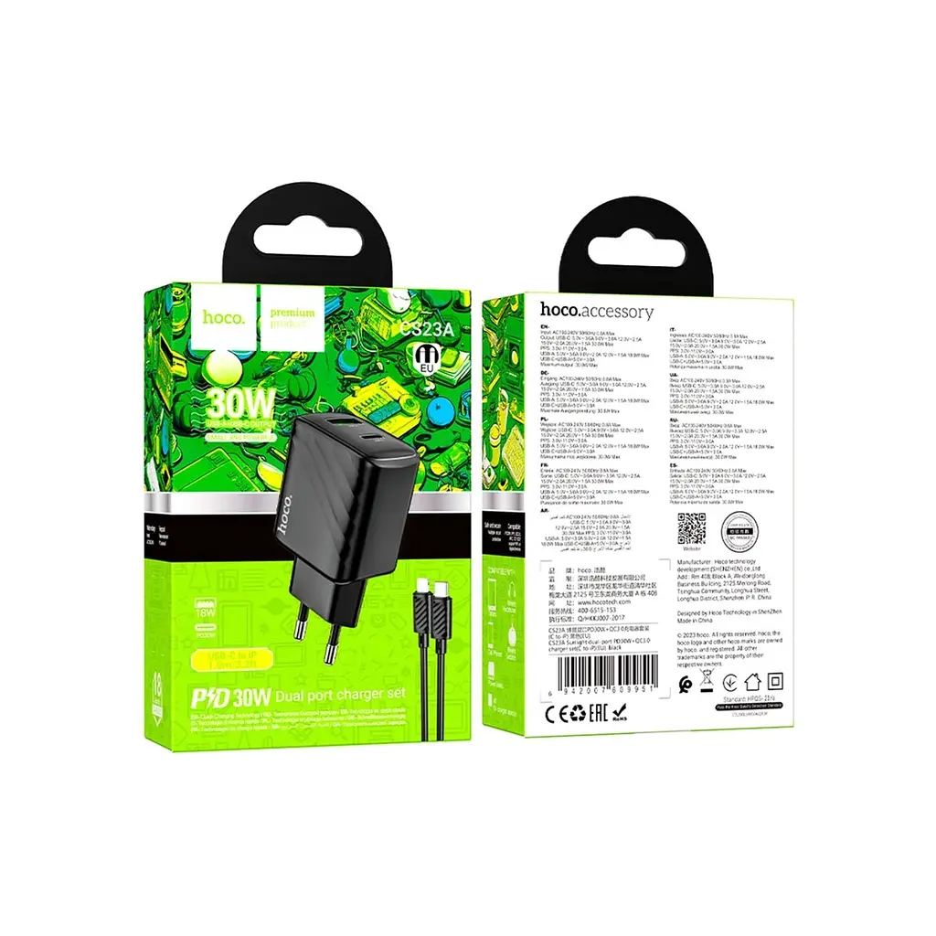 Зарядний пристрій HOCO CS23A USB-C PD30W + 1xUSB QC3.0 + cable USB-C to Lightning black (6942007609951) - фото 2