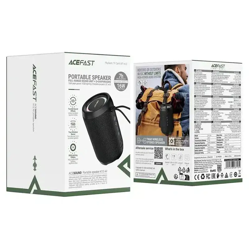 Портативна колонка ACEFAST K12 Air portable speaker, 8W, IPX4, Black - фото 3