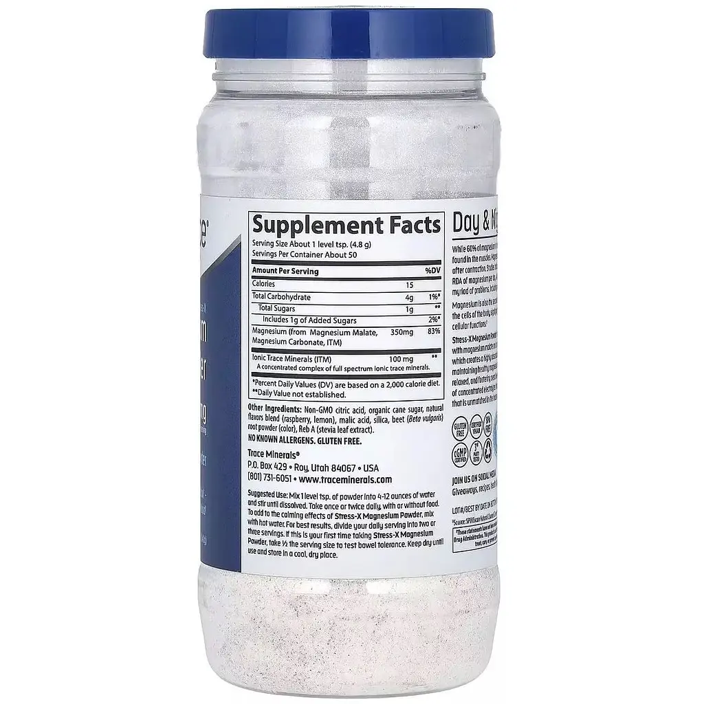 Магній Trace Minerals Magnesium Powder Stress-X зі смаком малини та лимона 350 мг 240 г - фото 2