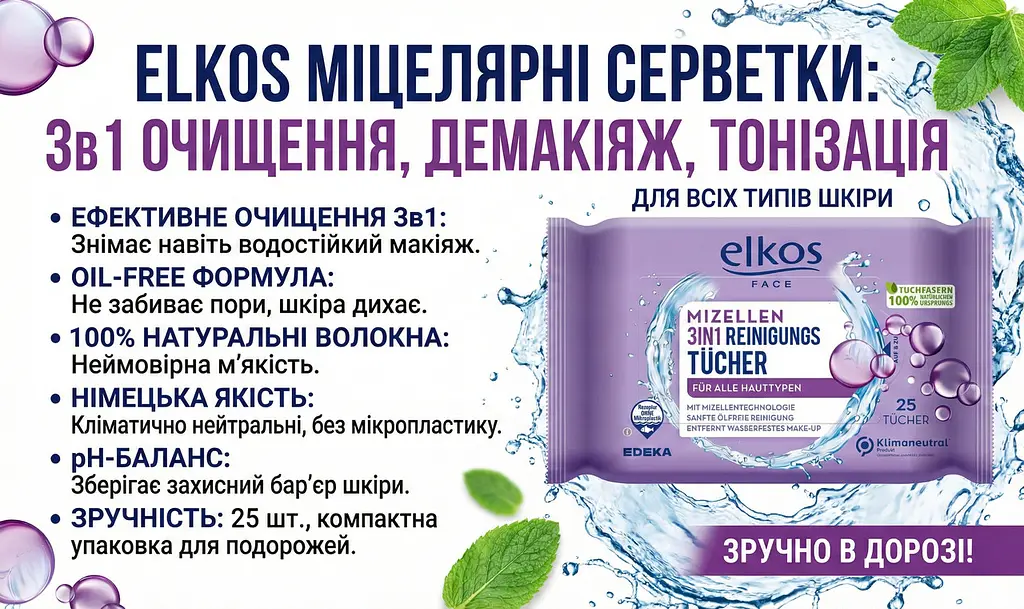 Серветки для очищення обличчя Elkos 3в1 з міцелярною водою для всіх типів шкіри 25 шт. Серветки з міцелярною водою - фото 3