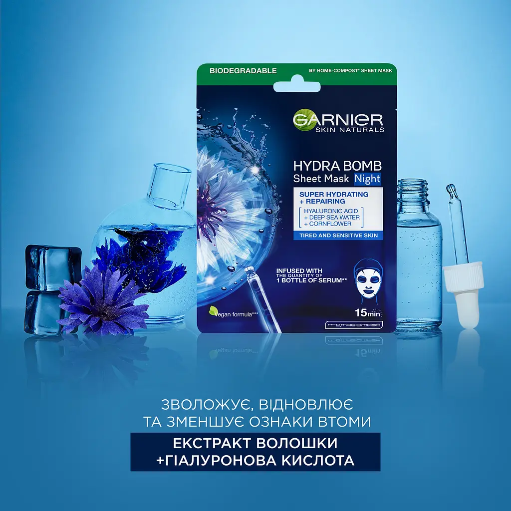 Суперзволожуюча нічна тканинна маска Garnier Skin Naturals для шкіри обличчя з ознаками втоми 28 г - фото 3