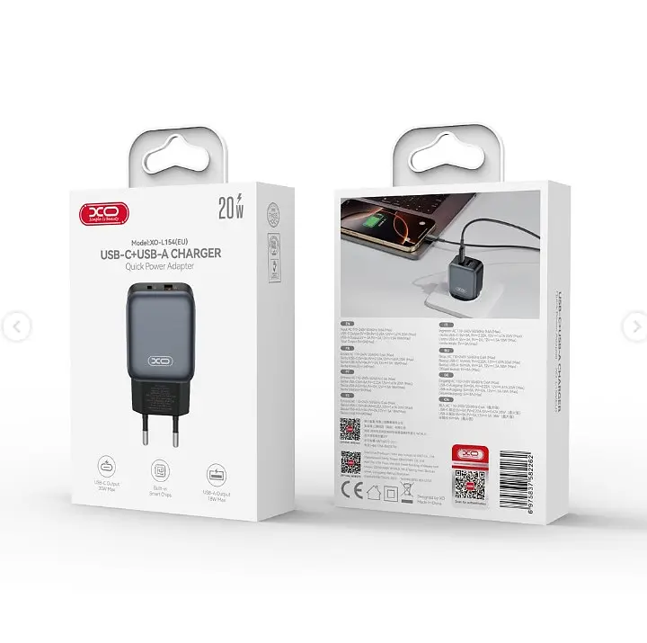 Мережевий зарядний пристрій XO L154 EU PD20W/QC18W(1A1C) fast charger Чорний - фото 3