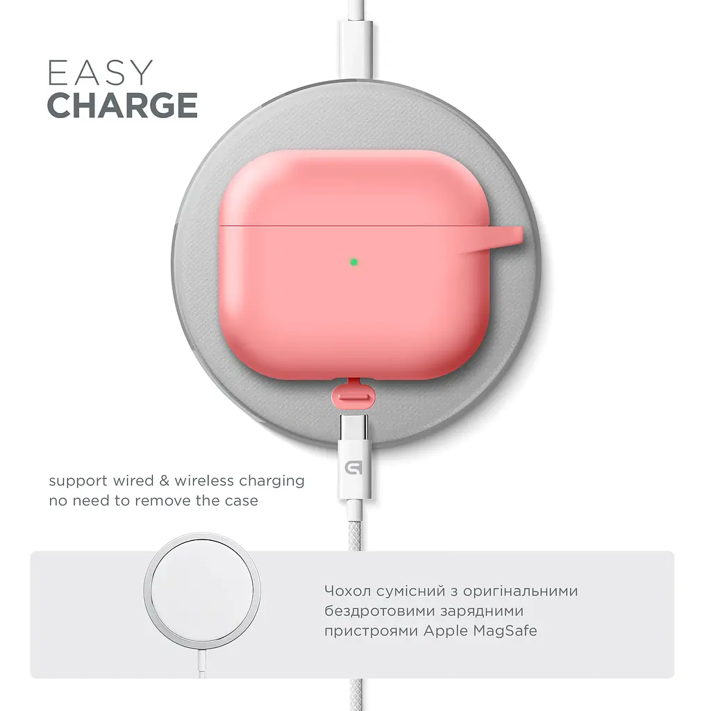 Силіконовий чохол для навушників Apple AirPods 3, Hang Case, рожевий, ультратонкий захисний кейс товщиною 2 мм, захист від подряпин, пилу та ударів, компактний, з карабіном для кріплення, ArmorStandart (ARM60320) - фото 7