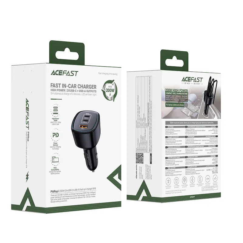 Автомобільний зарядний пристрій Acefast B18 200W(2USB-C+USB-A)fast car charger Black (6974316285953) - фото 2