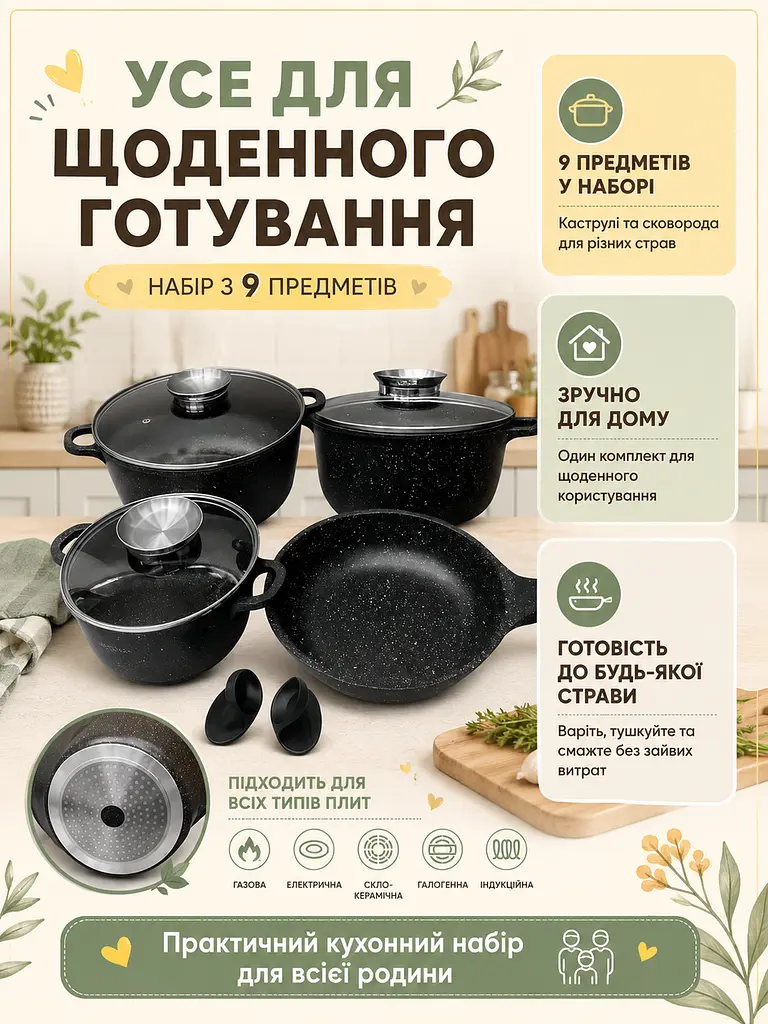 Набір посуду 9 предметів чорний з антипригарним гранітним покриттям для всіх плит (49675916) - фото 2