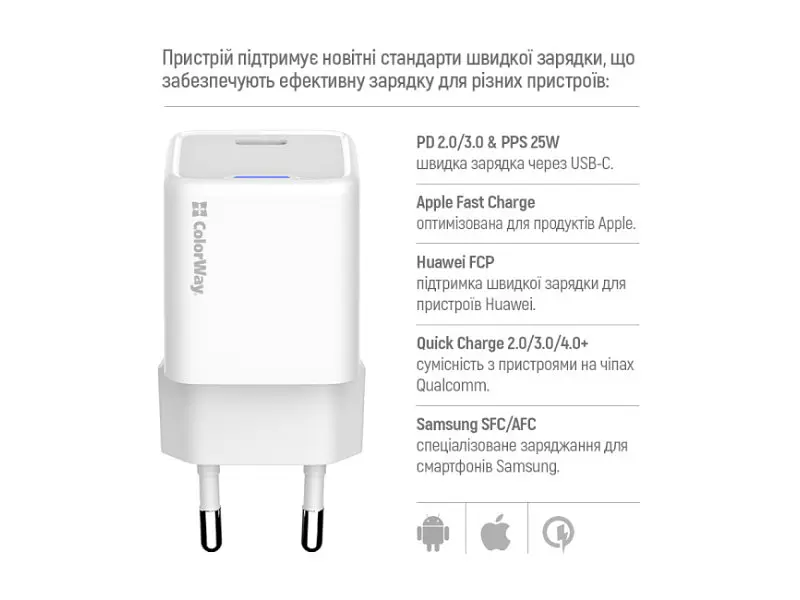 Мережевий зарядний пристрій ColorWay GaN Mini 25 W 1xUSB-C Fast Charging White (CW-CHS052PD-WT) - фото 5
