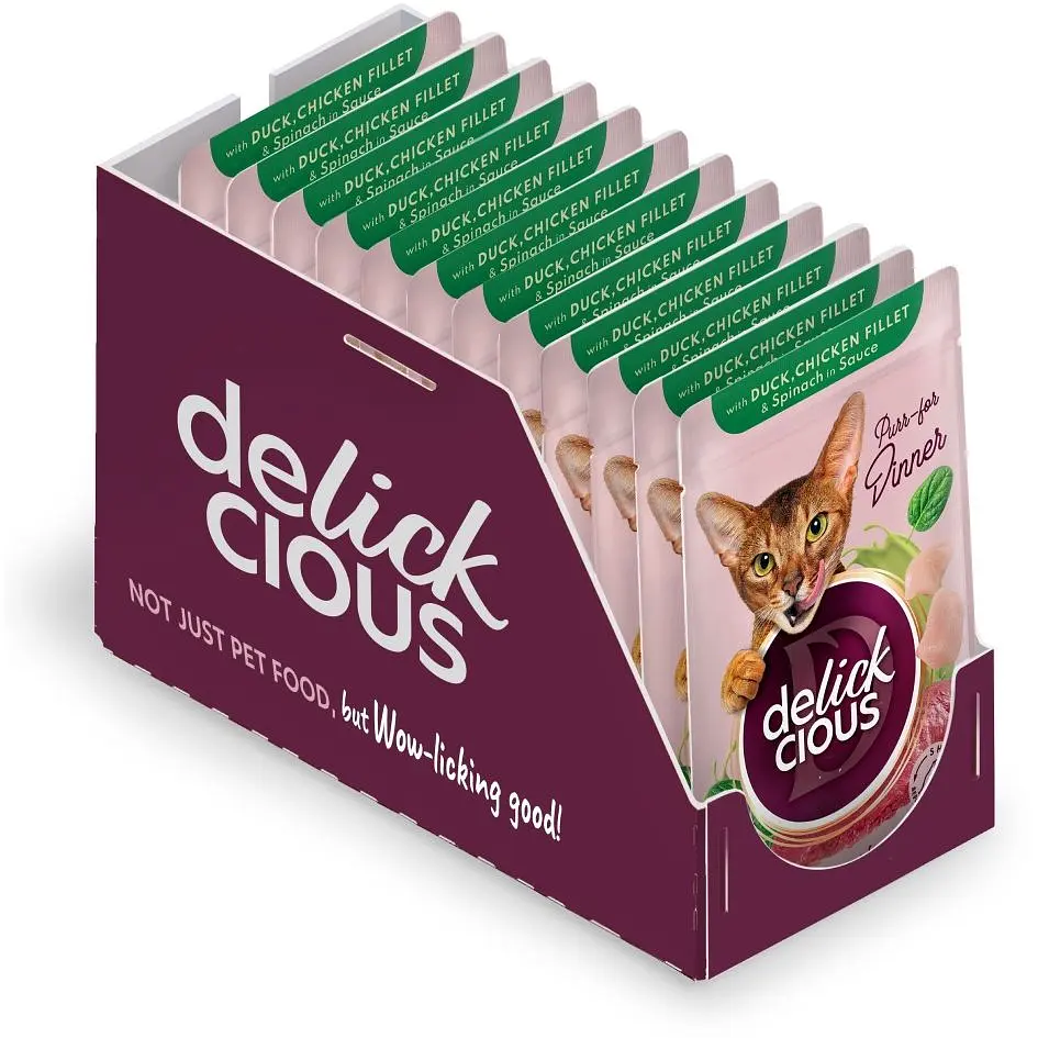 Влажный корм для кошек Delickcious Кусочки с уткой, куриным филе и шпинатом в соусе 85 г - фото 2