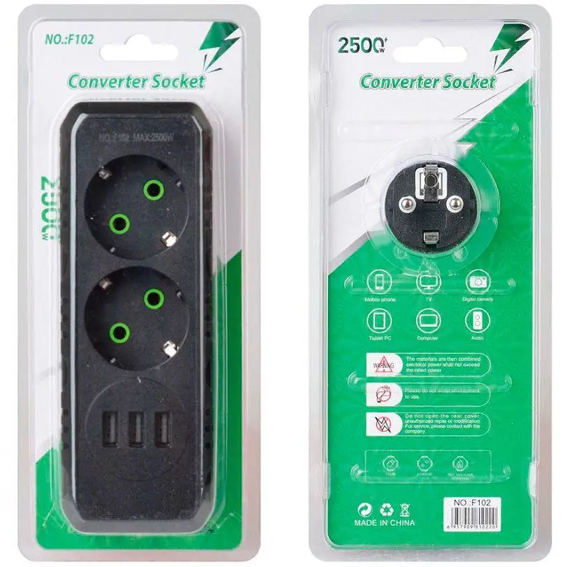 Розетка-подрібнювач із заземленням Voltronic F-102 Black, 2 розетки+3USB (1А), 2500 W, 10A, 110-250V - фото 2