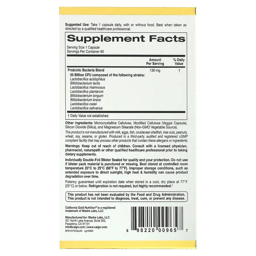 Пробиотики и пребиотики California Gold Nutrition LactoBif 30 Probiotics 60 вегакапсул - фото 2