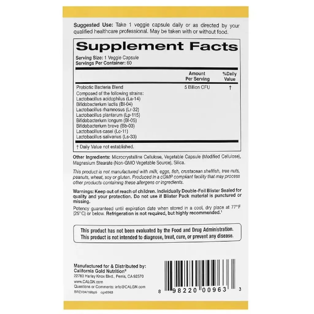Пробіотики California Gold Nutrition LactoBif Probiotics 5 млрд КОЕ 60 овочевих капсул - фото 2