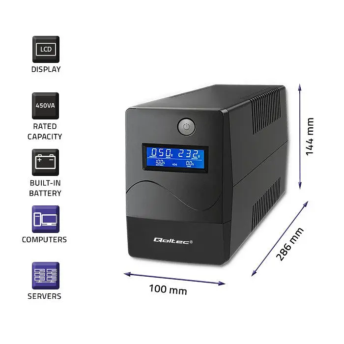 Источник бесперебойного питания с симулированной синусоидой Qoltec QLT450 240W 450VA LED, AVR, RJ45, 2xSchuko, 1x12V 4.5Ah - фото 3