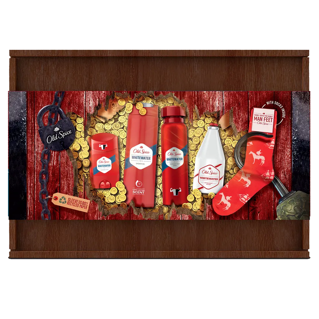 Подарунковий набір для чоловіків Old Spice Whitewater: Твердий дезодорант 50 мл + Аерозольний дезодорант 150 мл + Гель для душа 250 мл + Лосьйон після гоління 100 мл + Шкарпетки - фото 2
