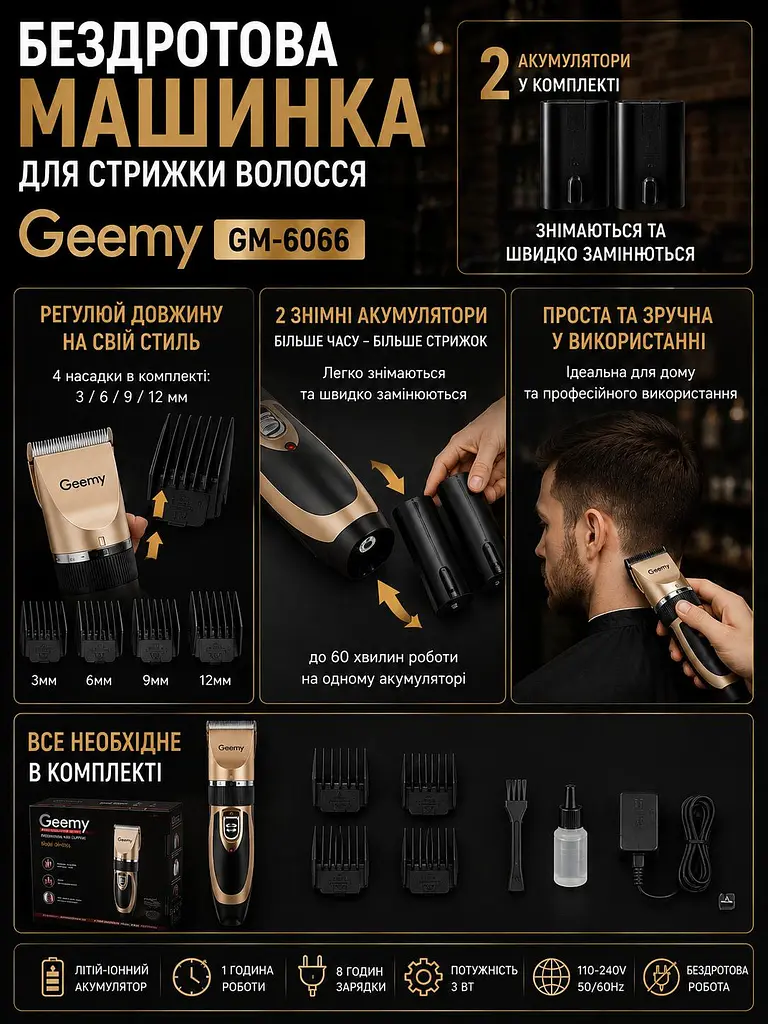 Акумуляторна машинка для стрижки волосся із 4 насадками Geemy GM-6066 Бездротова машинка для голови із 2 змінними акумуляторами 4 насадки 3/6/9/12 мм Чорний із золотистим - фото 6
