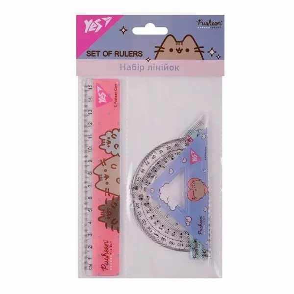 Набір геометричний "Yes" Pusheen №370688 (3предм. лінійка 15см)