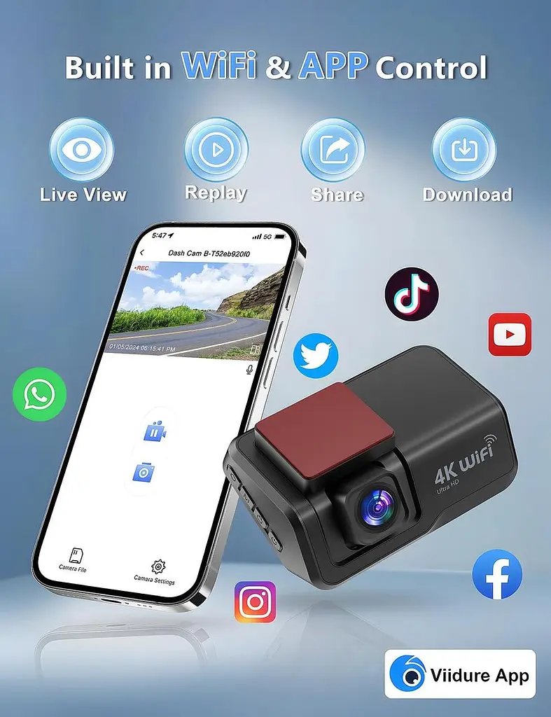 Автомобільний відеореєстратор CHORTAU 4K+1080P з Wi-Fi, 3-дюймовим IPS-дисплеєм, додатком та безкоштовною карткою пам'яті на 64 ГБ - фото 4