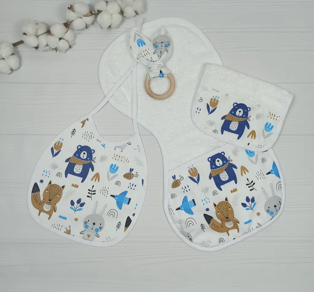 Набір для гігієни немовляти BeBidas + слинявчик a.l.babybox Лісові мешканці на галявині